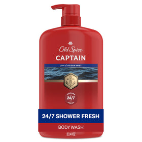 Old Spice Captain front packaging showing large 33.4 oz bottle and bold label for convenience