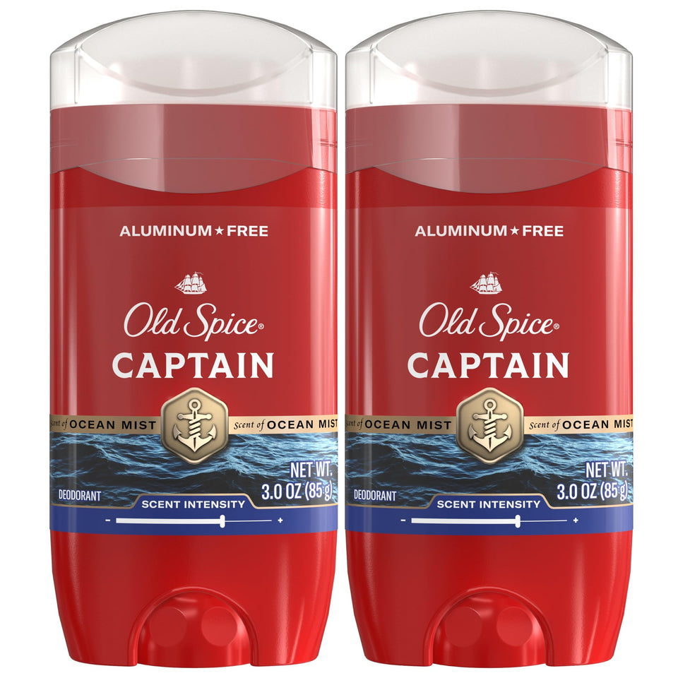 Old Spice Captain front packaging showing two deodorant sticks and branding for reliable scent