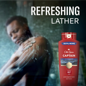 Old Spice Captain placed in shower caddy illustrating easy storage and shared use benefit
