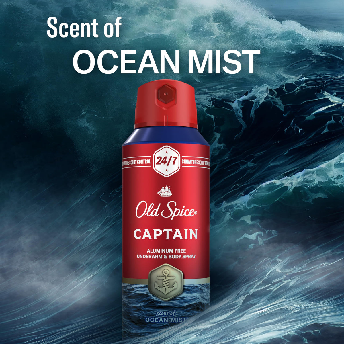 Flat lay of Old Spice Captain with bergamot and driftwood visuals showing scent profile