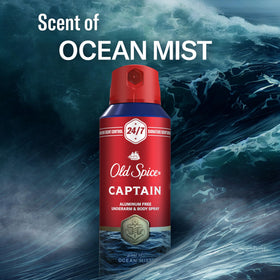 Flat lay of Old Spice Captain with bergamot and driftwood visuals showing scent profile