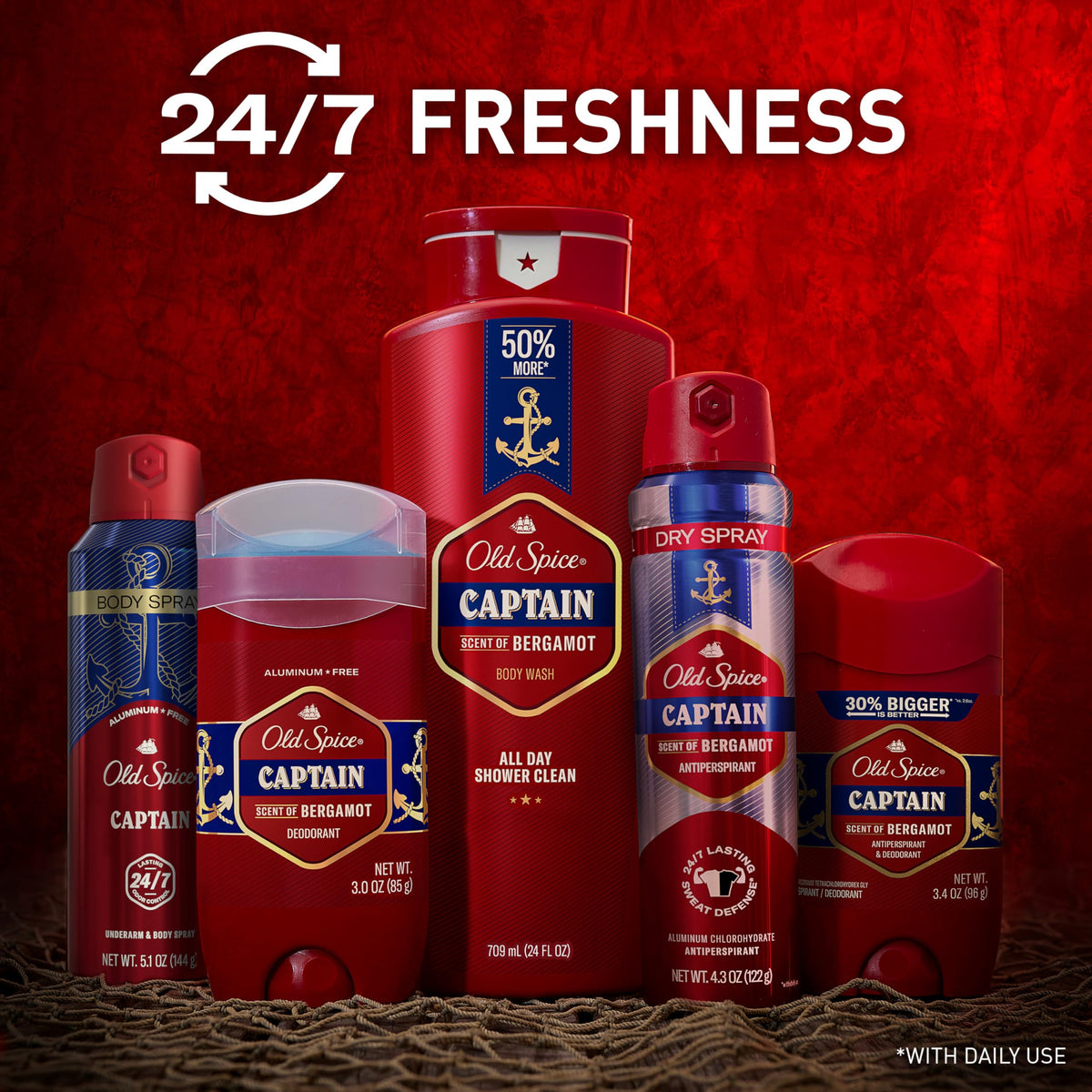 Old Spice Captain placed on bathroom shelf conveying daily routine and layering