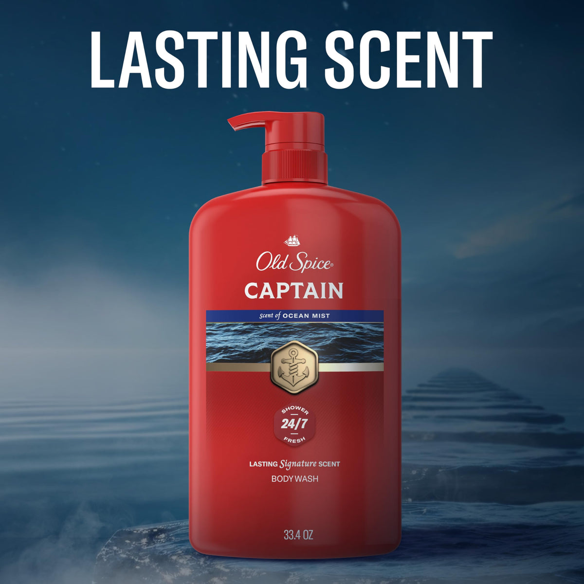 Old Spice Captain on shower shelf with other Red Collection items for easy layering