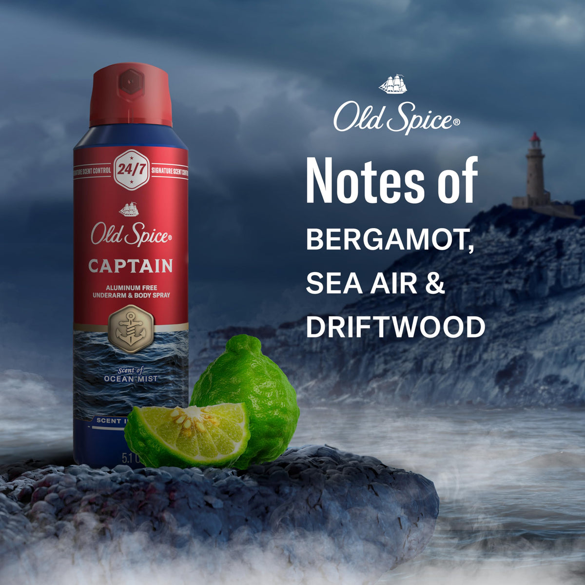 Person using Old Spice Captain spray to refresh clothes and control odor