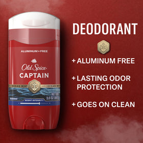 Old Spice Captain angled stick top showcasing smooth glide and aluminum-free formula benefit