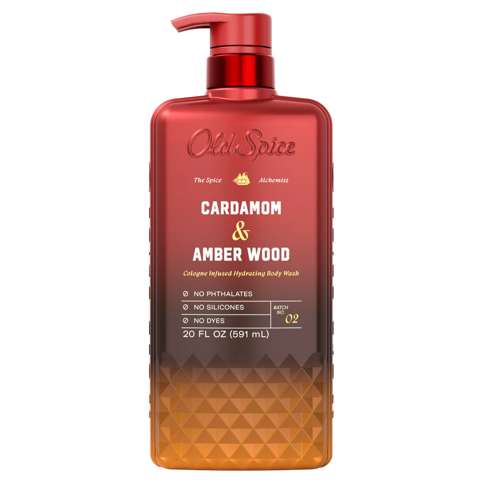 Old Spice front packaging showing Cardamom & Amber Wood scent and benefits