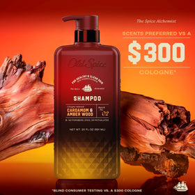 Old Spice shampoo being poured showing rich cologne-infused formula