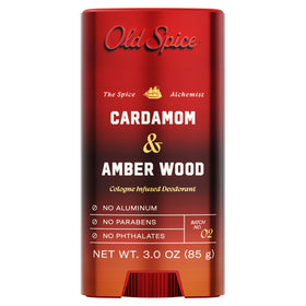 Old Spice Cardamom + Amber Wood front packaging showing refined scent branding and benefit