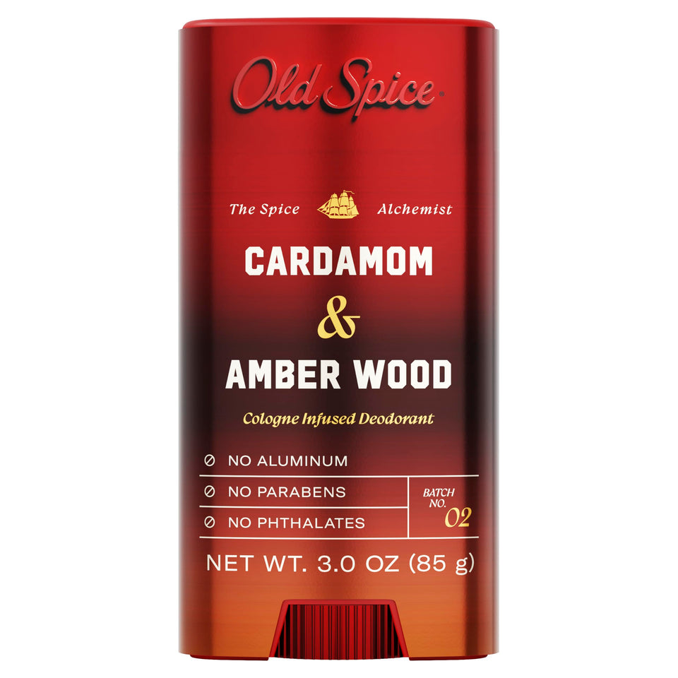 Old Spice Cardamom + Amber Wood front packaging showing refined scent branding and benefit