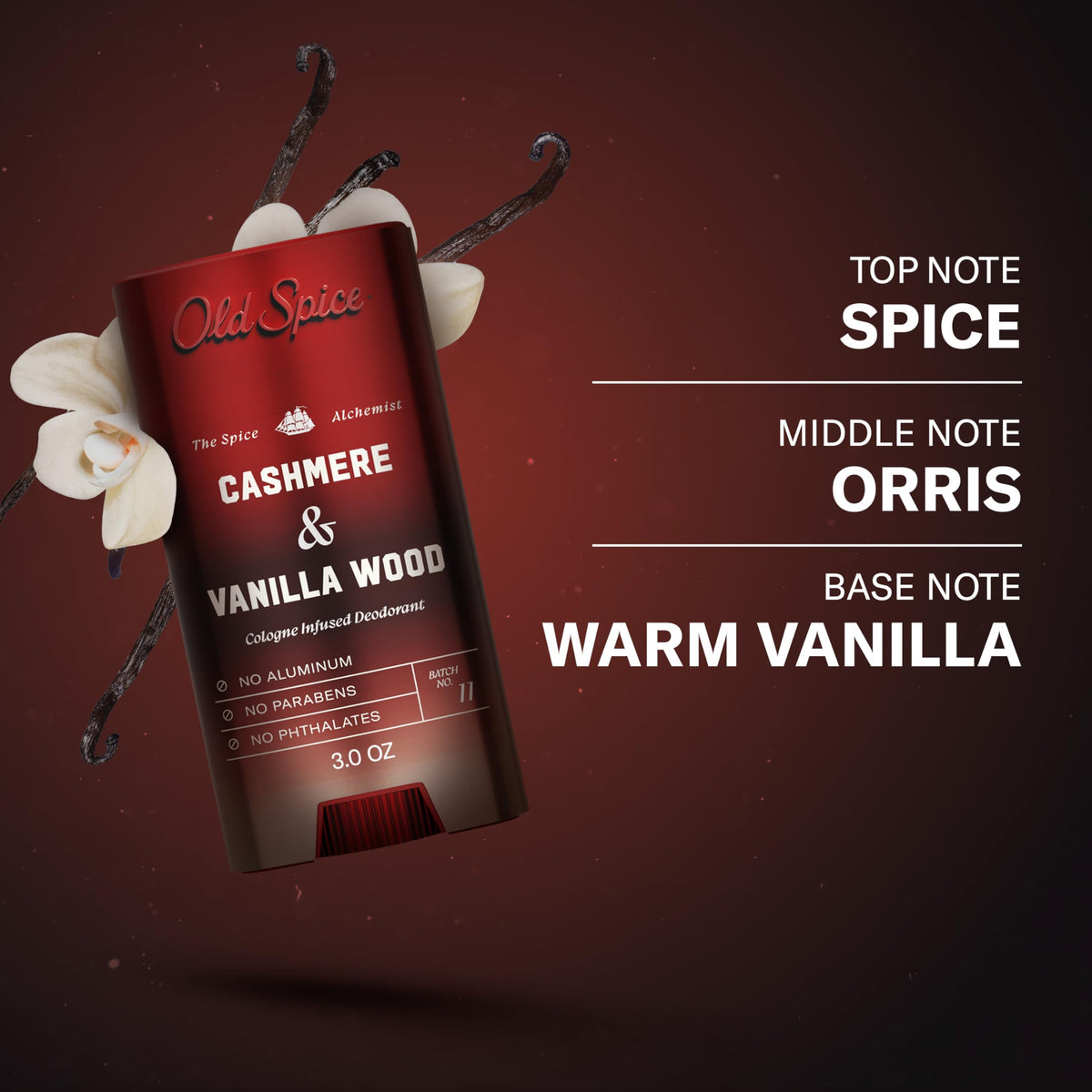 Old Spice flatlay with scent notes suggesting cashmere and vanilla wood aroma