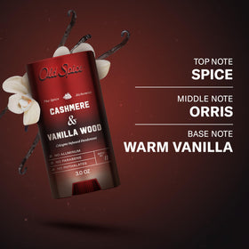 Old Spice flatlay with scent notes suggesting cashmere and vanilla wood aroma