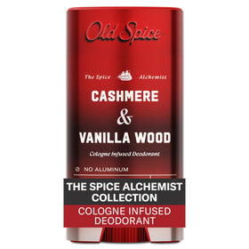 Old Spice front packaging showing Cashmere & Vanilla Wood scent and benefits