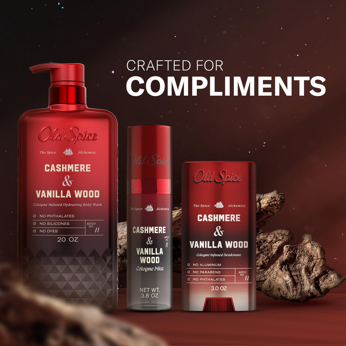 Old Spice ingredient label close-up showing no phthalates silicones or dyes