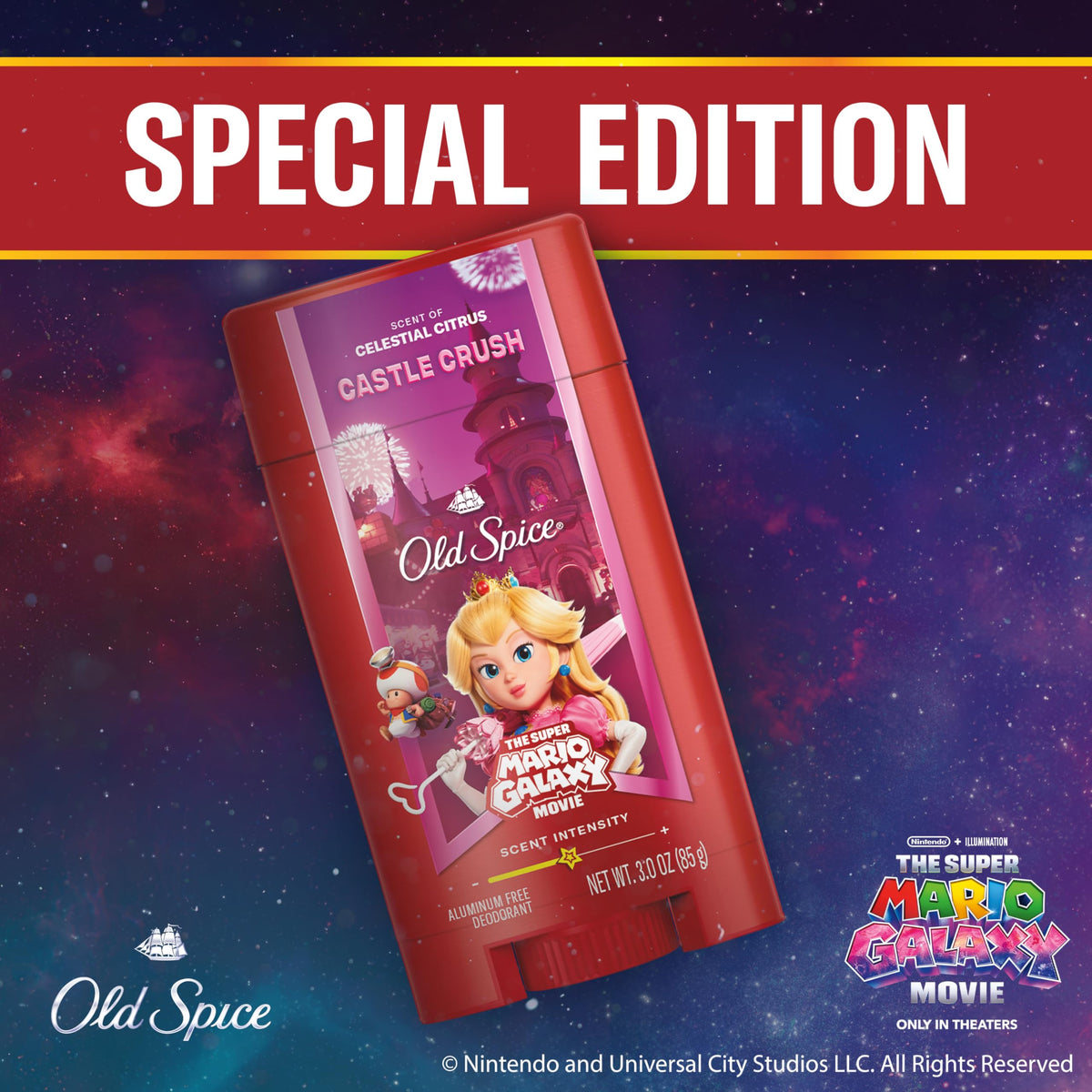 Old Spice Castle Crush on bathroom shelf with towel suggesting ready-to-use freshness
