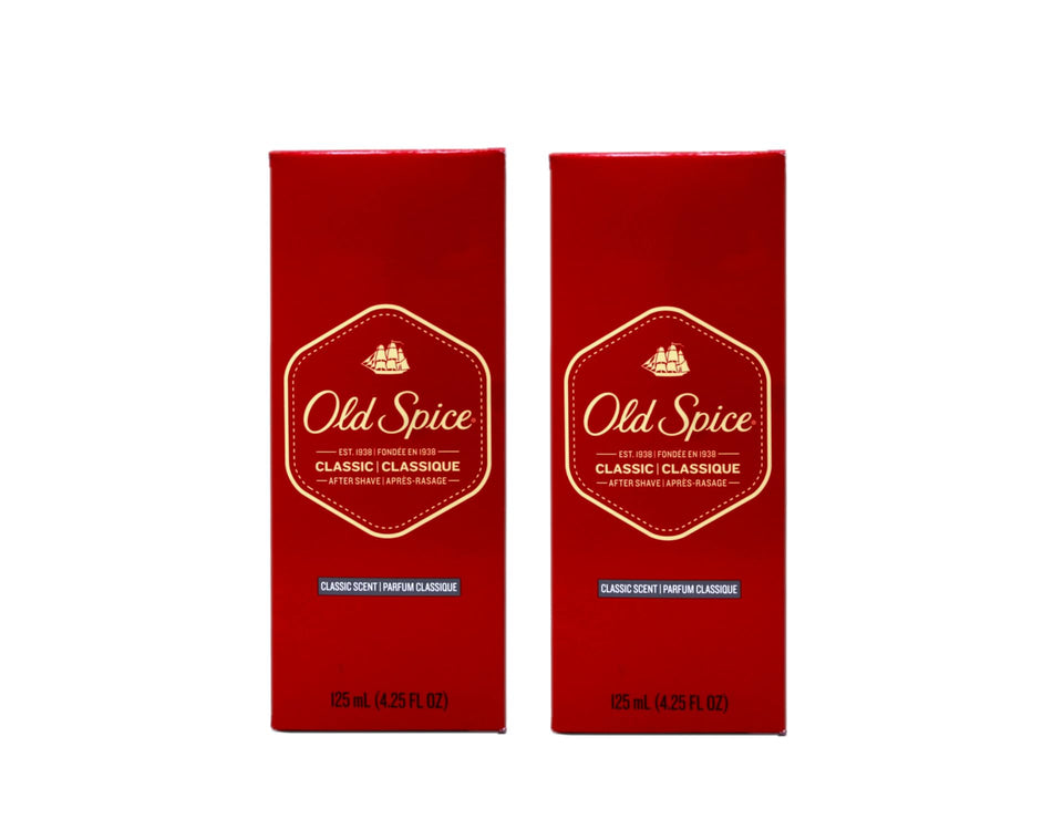Old Spice after shave front packaging showing classic bottle and scent benefits