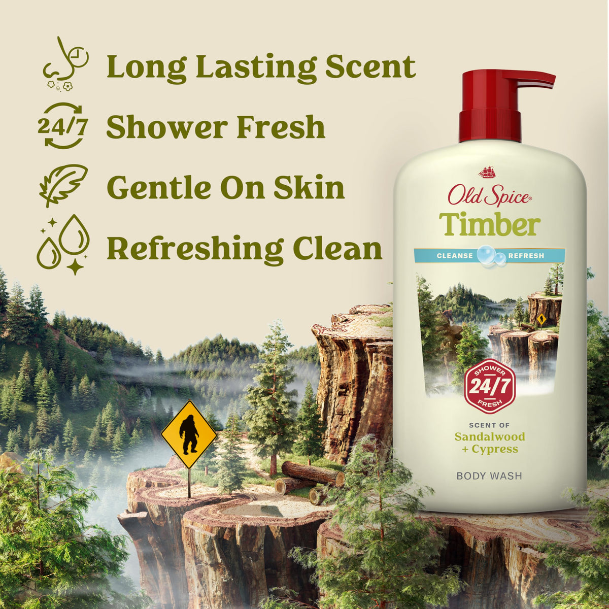 Old Spice close-up pump and label highlighting easy dispensing and clear branding
