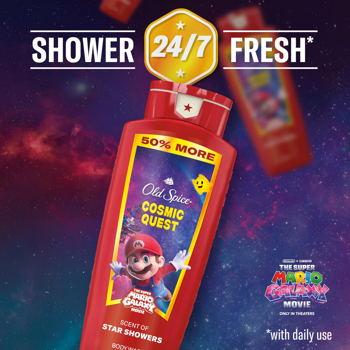 Old Spice Cosmic Quest next to a ruler showing 24 oz size and lasting supply benefit