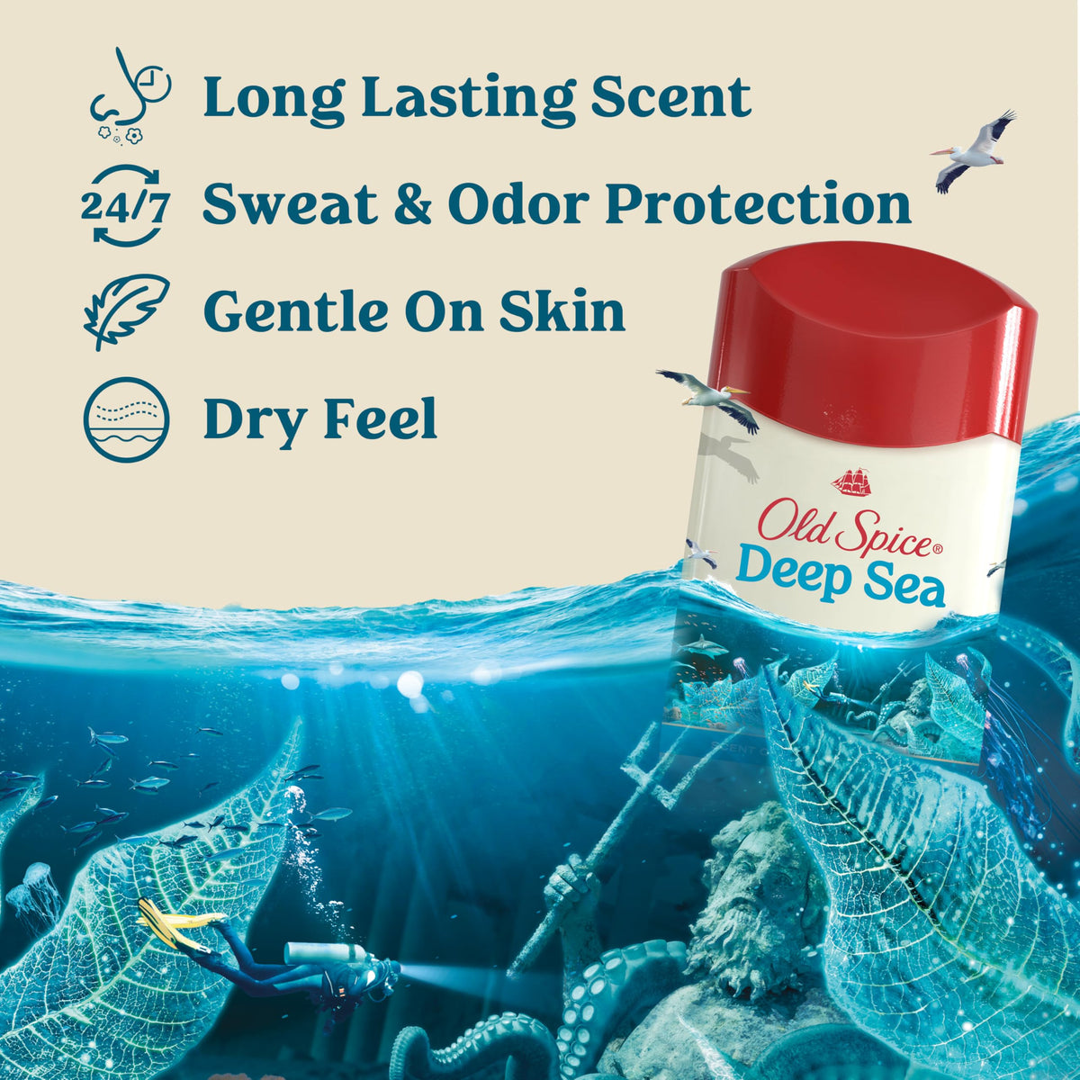 Old Spice open stick close-up demonstrating smooth glide and quick-dry finish benefit