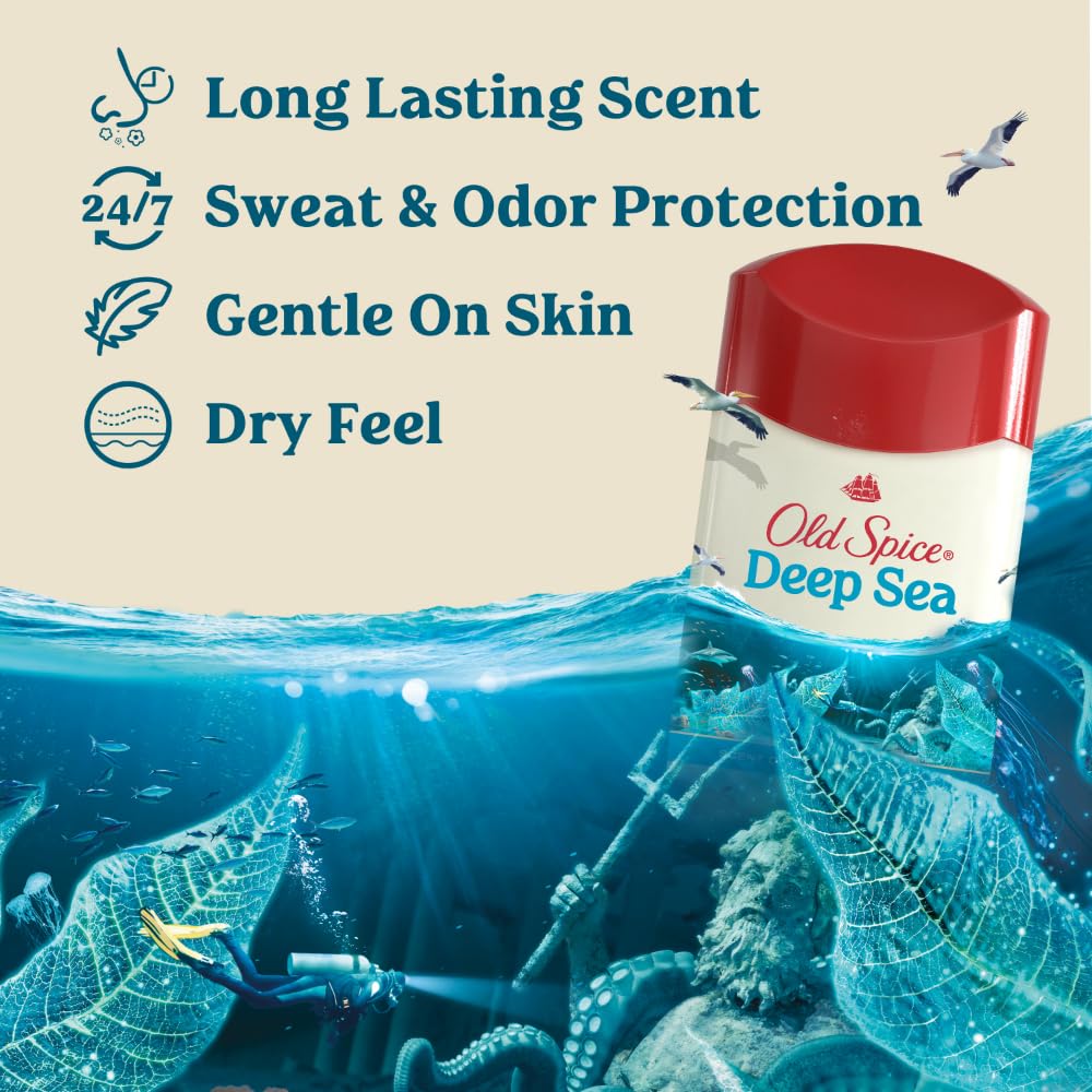Old Spice antiperspirant stick top view highlighting dry-feel formula benefit