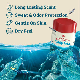 Old Spice antiperspirant stick top view highlighting dry-feel formula benefit