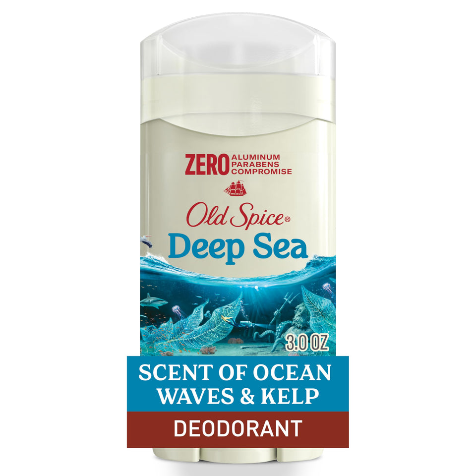 Old Spice front packaging showing Deep Sea scent and long-lasting freshness benefit