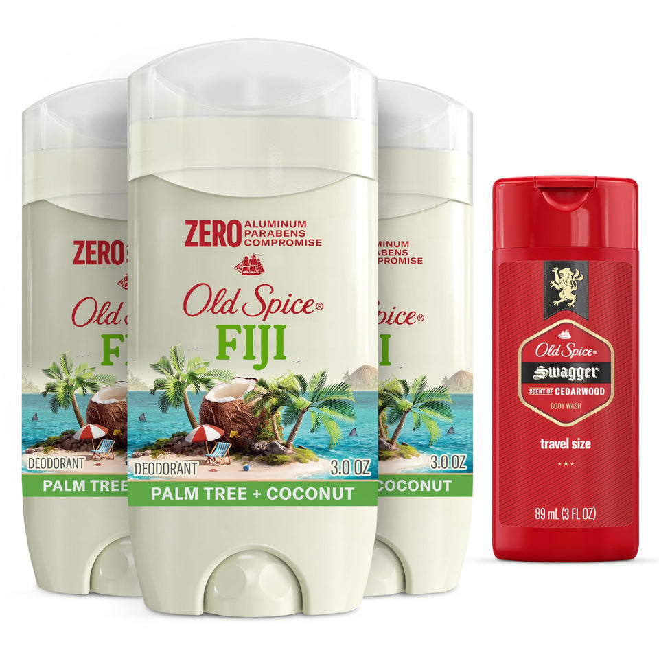 Old Spice front packaging showing deodorant and travel wash for reliable freshness