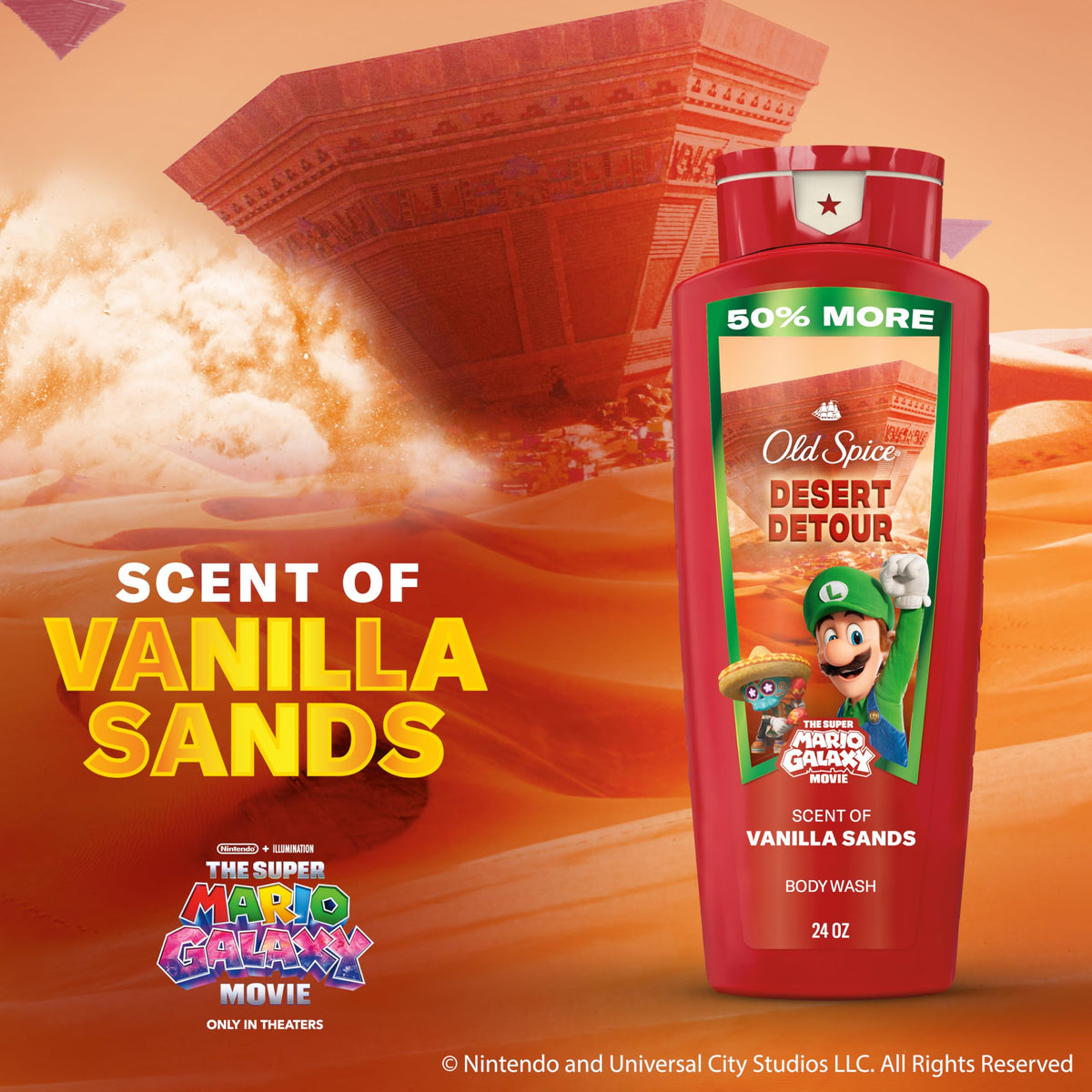 Old Spice Desert Detour being poured into a hand showing easy 2-in-1 body and face use