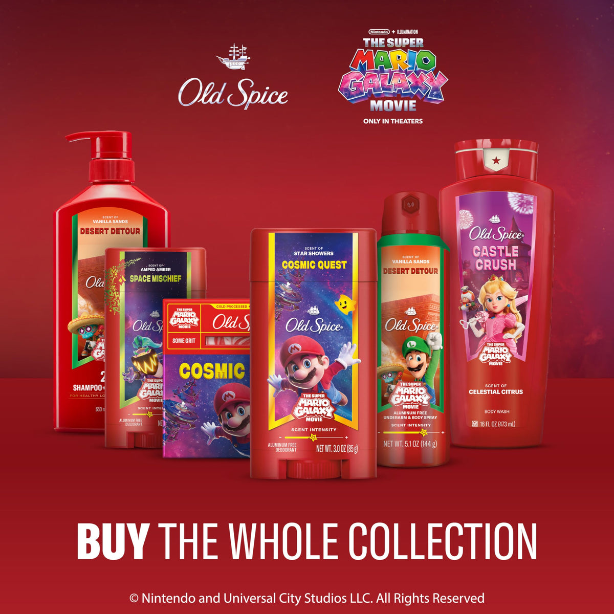 Special-edition Old Spice x The Super Mario Galaxy Movie graphic on bottle for collector appeal