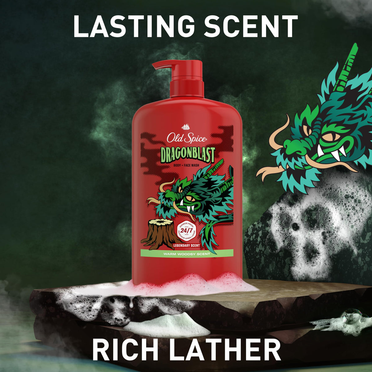Old Spice Dragonblast four-pack stacked to highlight bulk value and convenience