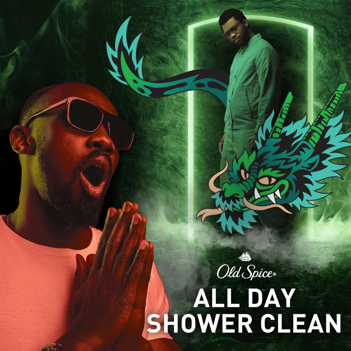 Old Spice Dragonblast in a shower scene illustrating clean routine and confidence