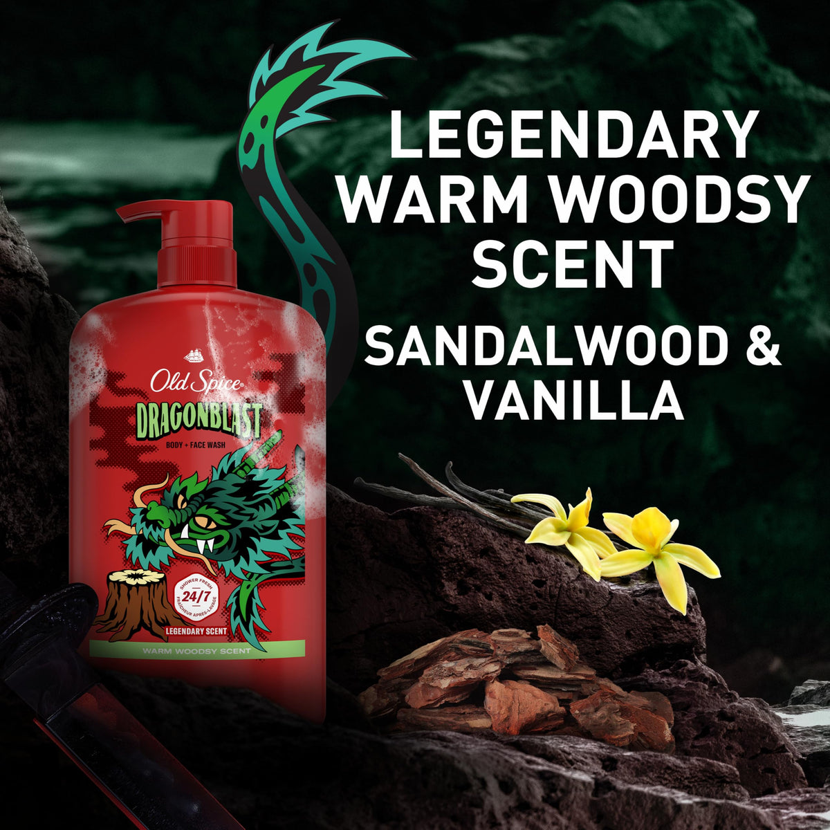 Old Spice Dragonblast concept image with sandalwood and vanilla notes to evoke scent