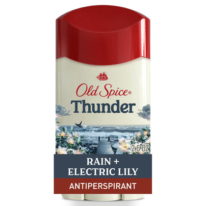 Old Spice Dry Feel front packaging showing Thunder Rain + Electric LilyScent for confident freshness