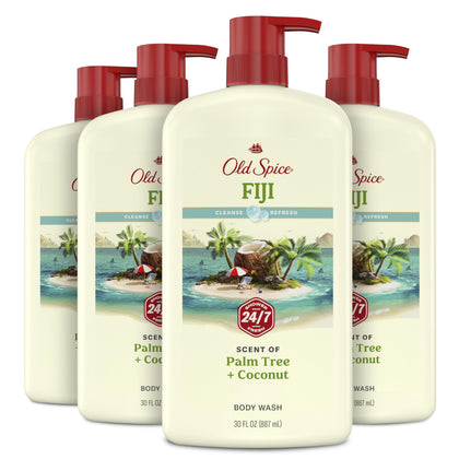 Old Spice front bottle showing Fiji scent and island benefit