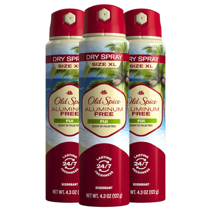 Old Spice Fiji front packaging showing three cans and easy storage benefit