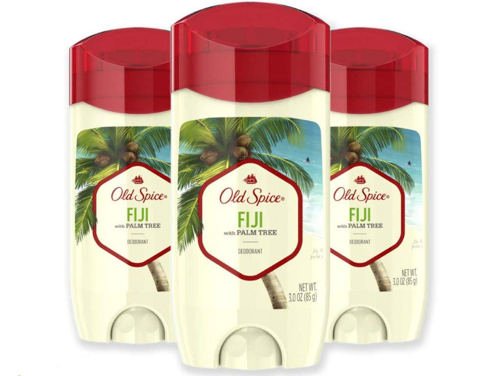 Old Spice Fiji front packaging showing three deodorant sticks and scent branding benefit