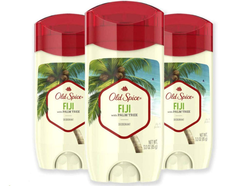 Old Spice Fiji front packaging showing three deodorant sticks and scent branding benefit