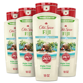 Old Spice Fiji front packaging showing tropical scent and 18 oz volume benefit