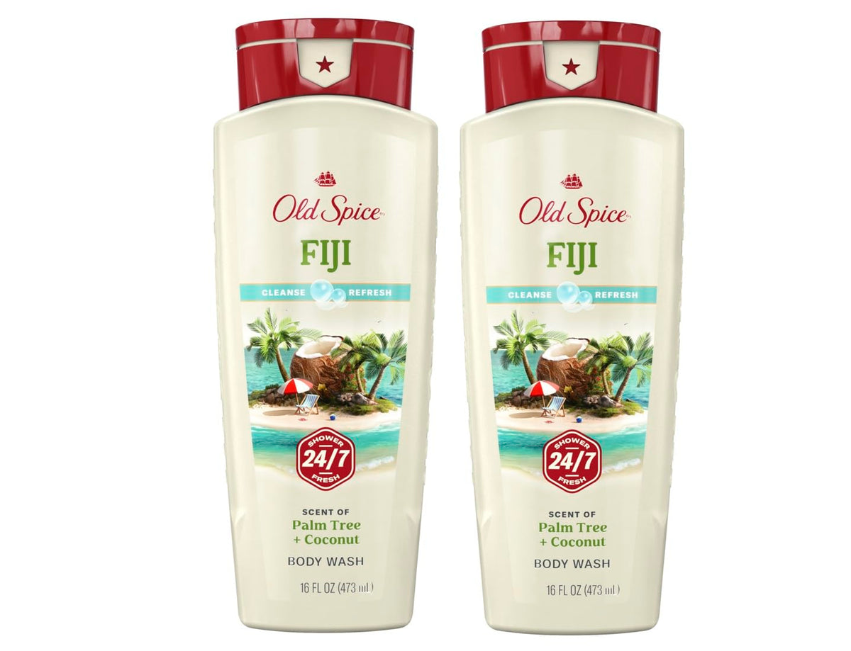 Old Spice Fiji front packaging showing 2-pack and scent benefits