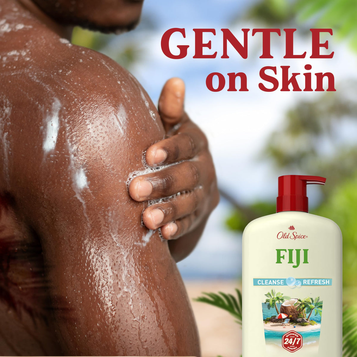 Man using Old Spice Fiji in shower showing fresh scent and confident feel