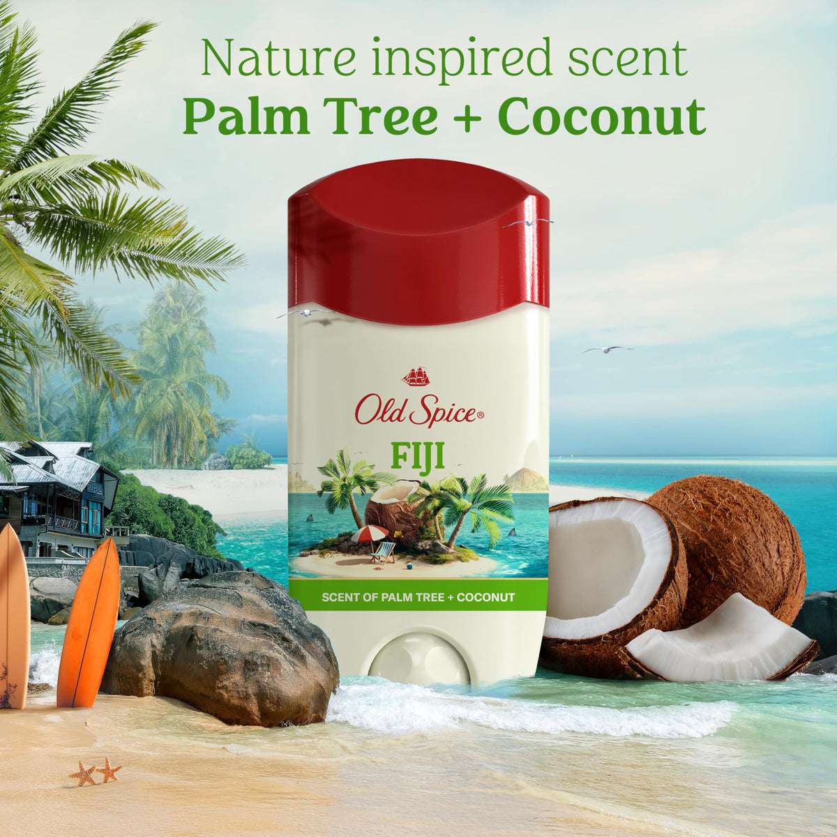 Old Spice Fiji lifestyle beach setting evoking tropical coconut notes