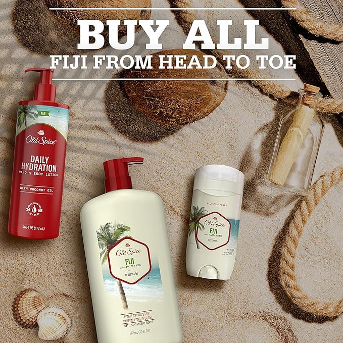 Old Spice Fiji on towel at beach evoking tropical scent and everyday confidence benefit