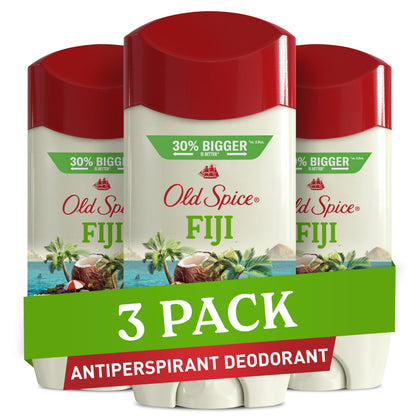 Old Spice Fiji pack front showing three 3.4 oz sticks and tropical branding for long-lasting freshness