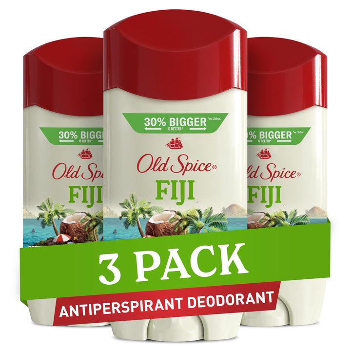 Old Spice Fiji pack front showing three 3.4 oz sticks and tropical branding for long-lasting freshness