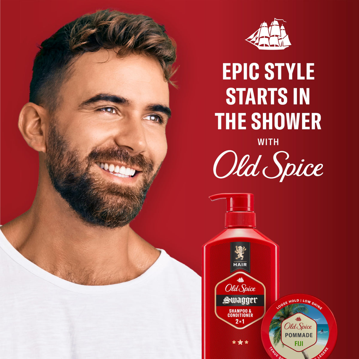 Old Spice Fiji pomade label close-up highlighting barber-inspired ingredients and quality benefit
