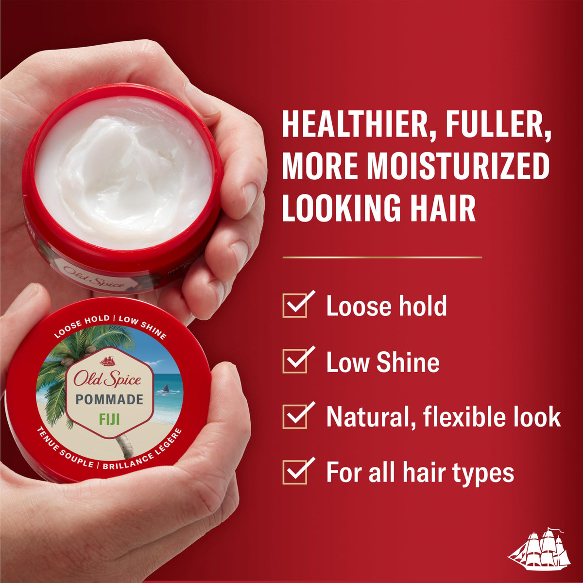 Old Spice Fiji pomade open lid revealing texture for smooth application benefit