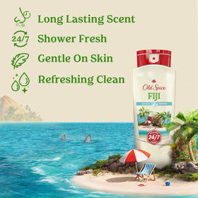Old Spice Fiji pump dispenser close-up for easy-use in shower