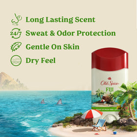 Open Old Spice Fiji stick revealing the invisible solid top for smooth, residue-free application benefit