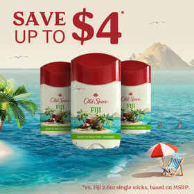 Old Spice Fiji beside gym bag to show travel-friendly compact size