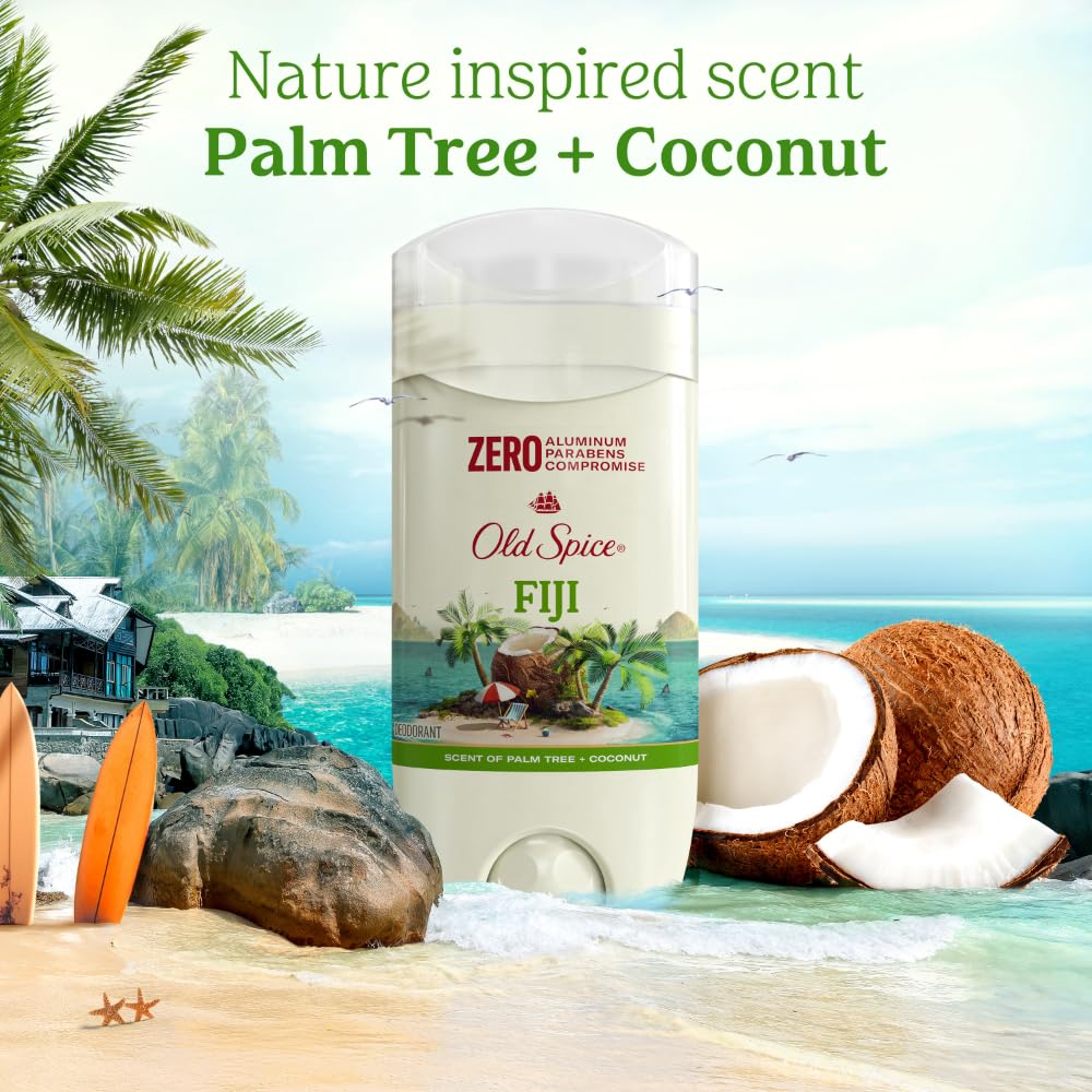Old Spice Fiji next to travel essentials illustrating portability and TSA friendliness