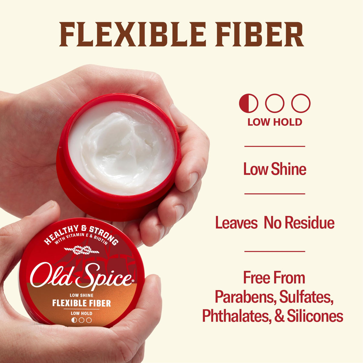 Old Spice label highlighting Vitamin E and Biotin for stronger-looking hair